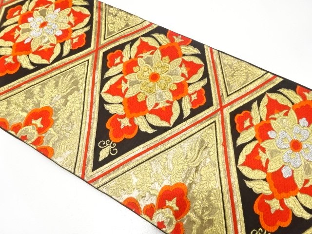 Antique Obi with diagonal latticework and flower pattern woven out of pouch obi